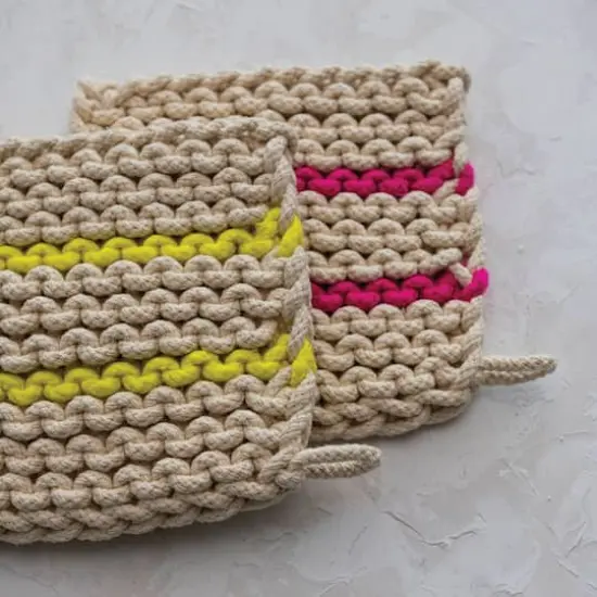 Hello Honey&reg; 8" Neon Striped Multicolor Square Cotton Crocheted Pot Holder Set {3}