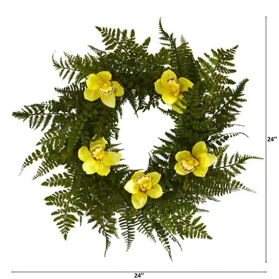 24" Mixed Fern & Cymbidium Orchid Wreath Yellow {3}