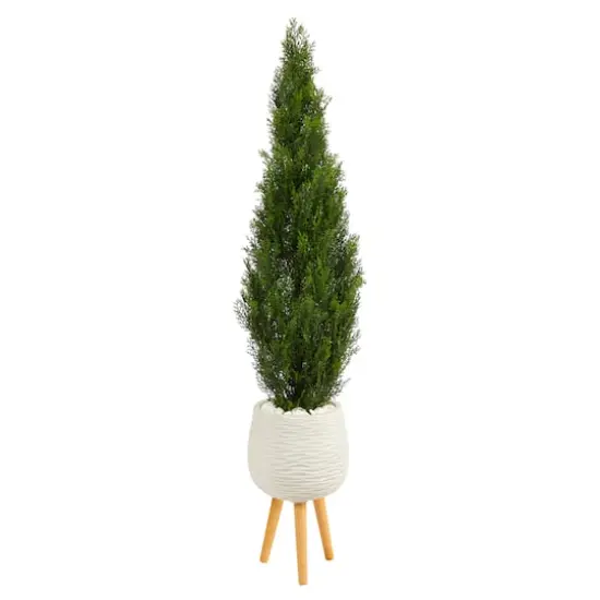 5ft. Cedar Artificial Tree in White Planter with Stand (Indoor/Outdoor) {1}