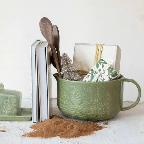 Hello Honey® 4qt. Green Trees & Matte Reactive Glaze Stoneware Batter Bowl with Handle {3}