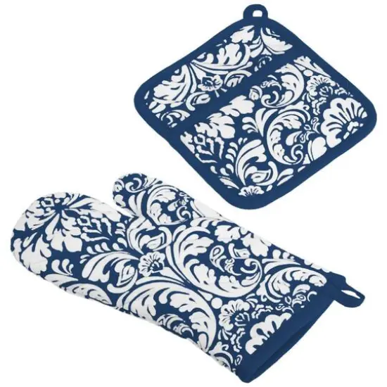 DII&reg; Damask Oven Mitt & Potholder Set Nautical Blue {1}
