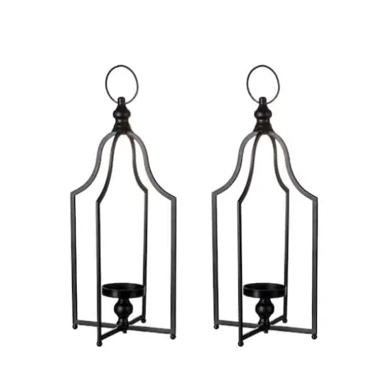 22" Modern Farmhouse Black Metal Candle Lantern Set {1}