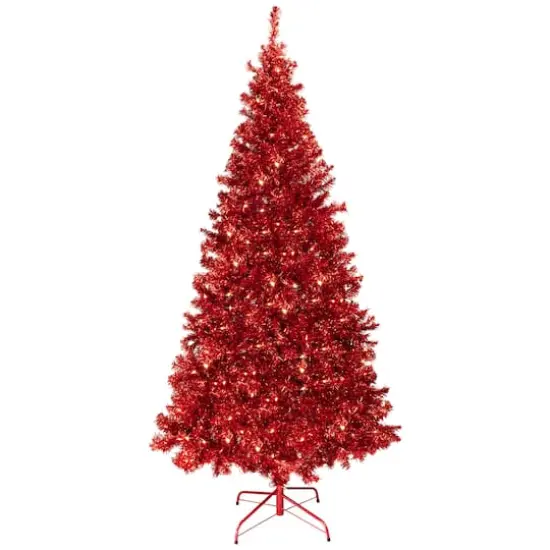 7ft. Pre-Lit Red Artificial Tinsel Christmas Tree, Clear Lights {1}