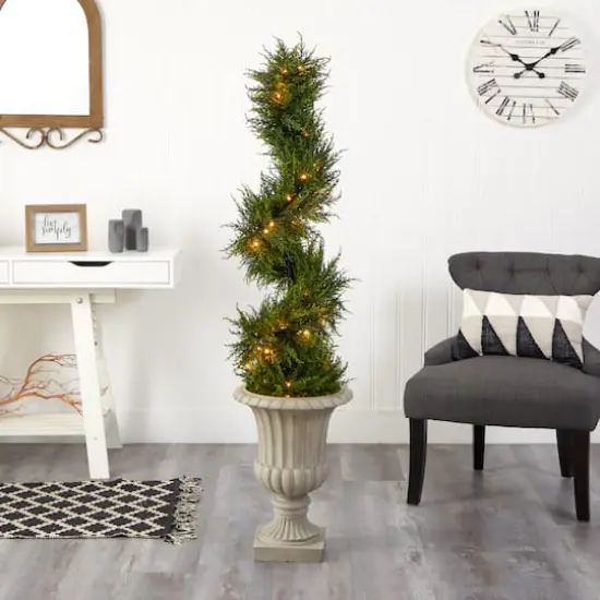 5ft. Pre-Lit Spiral Cypress Artificial Christmas Tree in Sand Finished Urn, Clear LED Lights {5}