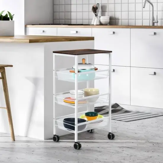 White 3-Tier Kitchen Storage Rack Cart with Lockable Wheels & Wood Top {5}