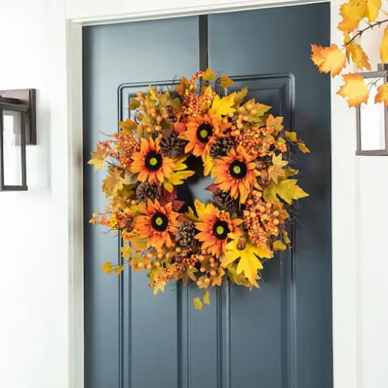 Glitzhome&reg; 24" Fall Sunflower, Maple Leaf &Berry Wreath {11}