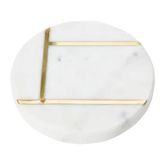 Hello Honey&reg; White Round Marble Coaster Set with Brass Inlay {4}