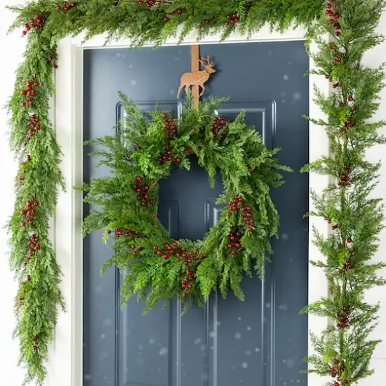 Glitzhome&reg; 24"D Christmas Greenery PE Cedar Wreath with Red Berries {4}
