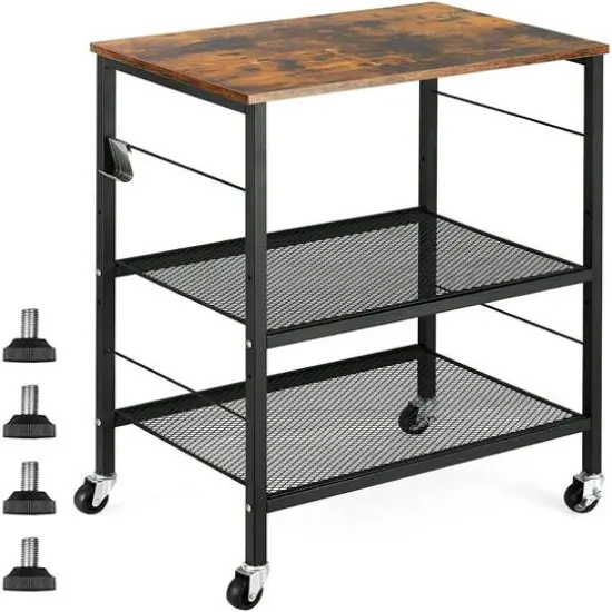 Rustic Brown Kitchen Baker's Rack 3-Tier Mesh Kitchen Storage Cart {1}