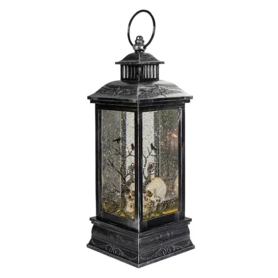 11" Black & Brushed Silver LED Skull Head Halloween Snow Globe Lantern {5}