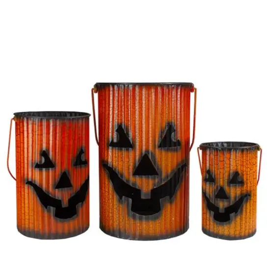 3 Piece Black & Orange Metal Pumpkin Lantern Halloween Decoration Set {1}