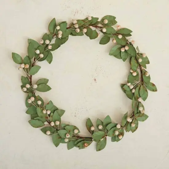 Hello Honey&reg; 16" Green & Antique Pink Round Painted Metal Leaf & Berry Wreath {3}