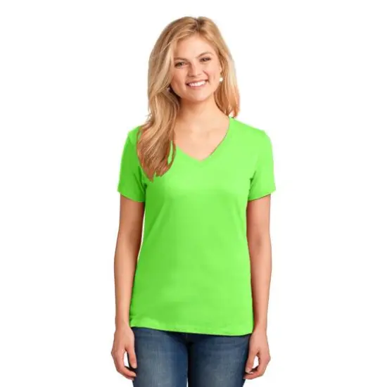 Port & Company&reg; Ladies Core Cotton V-Neck Tee Neon Green {4}
