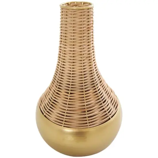 11" Brown & Gold Rattan Handmade Woven Vase {4}