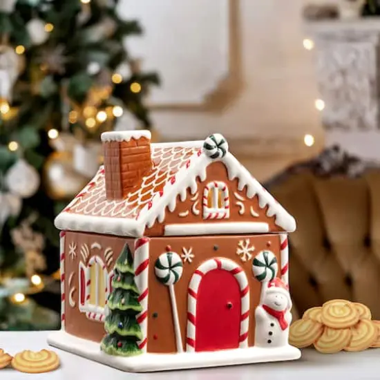9.5" Ceramic LED Lit Gingerbread House Cookie Jar {3}