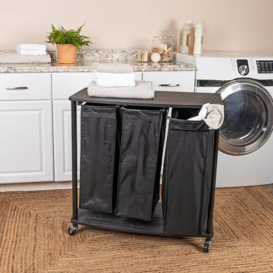Household Essentials 3-Bag Laundry Sorter with Laminate Shelving Black {4}