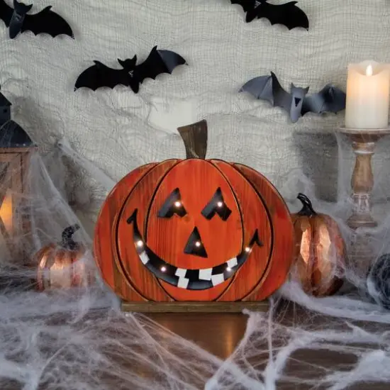 13" LED Lighted Jack-O-Lantern Wooden Halloween Decoration {3}