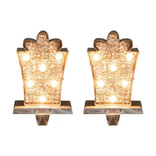 Glitzhome&reg; 8" Marquee LED Gift Box Wooden & Metal Stocking Holder Set {1}