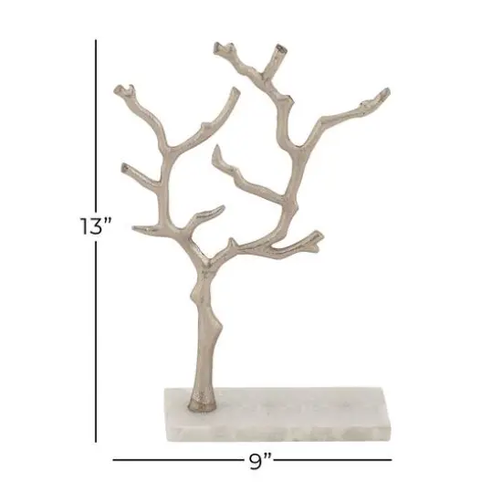 Silver Metal Tree Branch Jewelry Stand With Marble Base, 13" x 9" x 3" {6}
