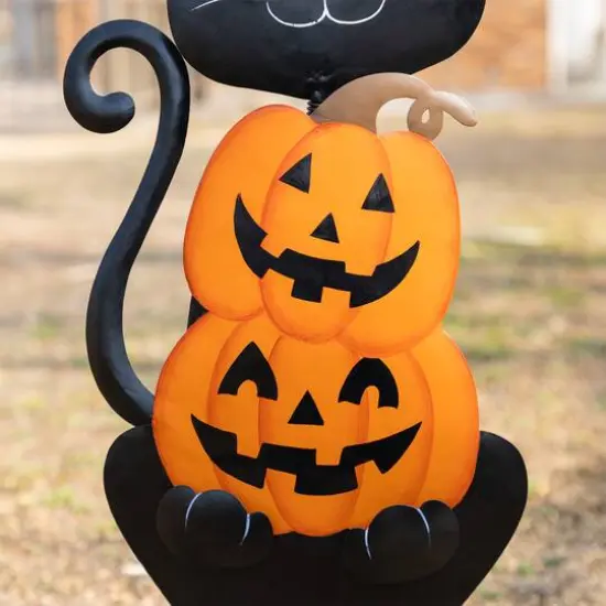 Glitzhome&reg; 36"H Halloween Metal Black Cat with Spring Head and Stacked Pumpkin Yard Stake {7}
