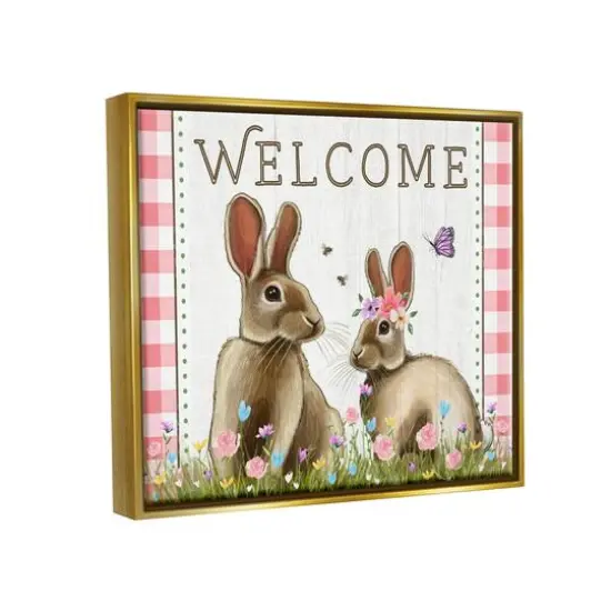 Stupell Industries Welcome Plaid Spring Garden Rabbits Floater Framed Art Gold {4}