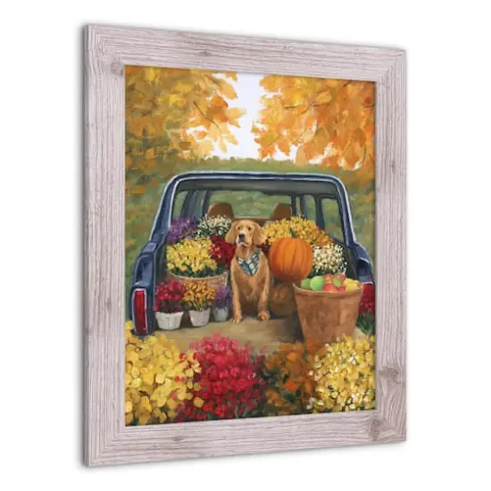 Fall Floral Dog Truck Western White Framed Print {3}