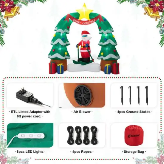 Glitzhome&reg; 7ft. LED Lighted Inflatable Santa Skiing under Tree Arch D&eacute;cor {7}
