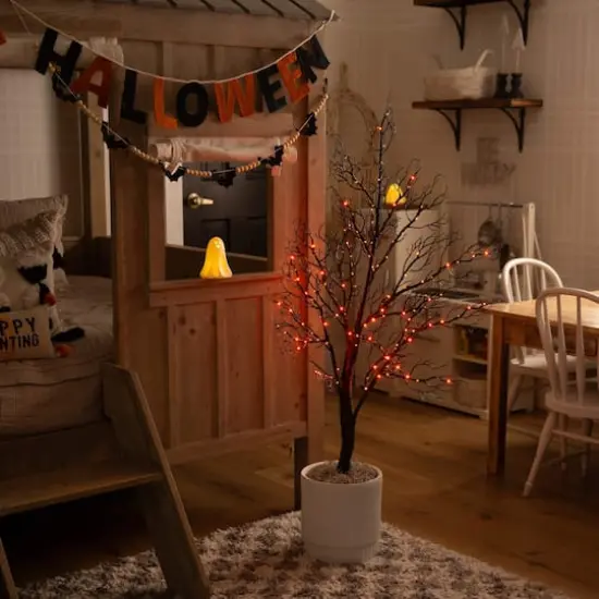4ft. Pre-Lit Halloween Minimalist Twig Artificial Fall Tree with 160 Orange & Purple LED Lights {13}