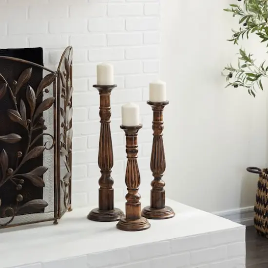 Brown Mango Wood Traditional Candle Holders Set, 18", 21" & 24" {8}