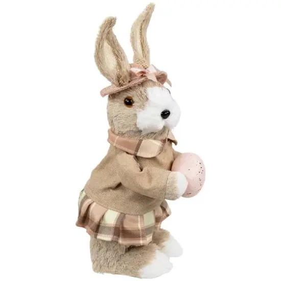 12" Beige Girl Easter Rabbit Figurine with Plaid Dress {6}