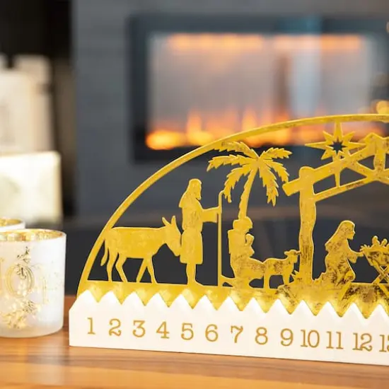 Glitzhome&reg; 23.5" Wooden & Metal Gold Foil Nativity Countdown Calendar D&eacute;cor {4}