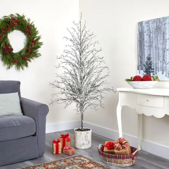 6ft. Unlit Snowed Twig Artificial Christmas Tree in Decorative Planter {5}