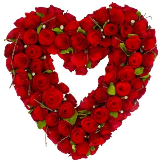 Red Wooden Rose Floral Heart Shaped Artificial Valentine's Day Wreath 14" {1}