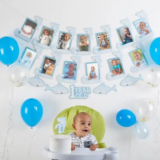 Kate Aspen® Shark Party 1st Birthday Milestone Photo Banner & Cake Topper Set {3}