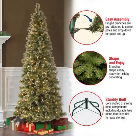 6.5ft. Pre-Lit Glittery Bristle Pine Slim Artificial Christmas Tree, Warm White Diamond Cap LED Lights {7}