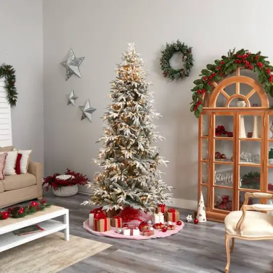 8.5ft. Pre-Lit Flocked Manchester Spruce Artificial Christmas Tree, Warm White Lights {10}