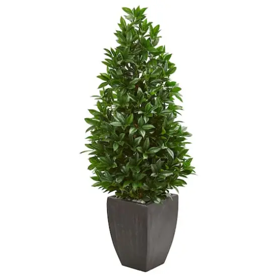 4.6ft. UV Resistant Bay Leaf Cone Topiary Artificial Tree in Black Planter  {1}