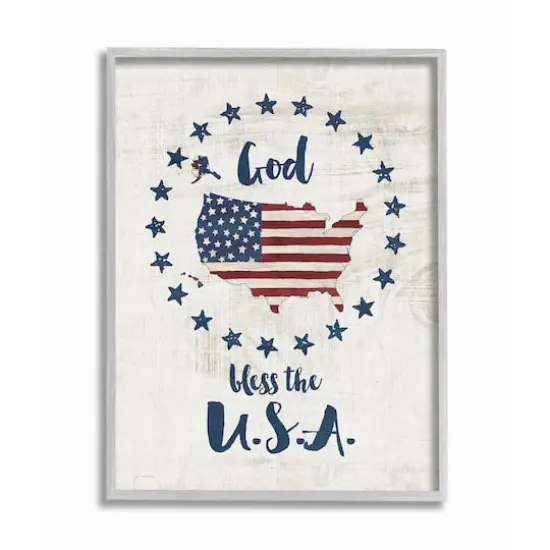 Stupell Industries God Bless the U.S.A. Stars & Stripes Sign Wall Art in Gray Frame {1}