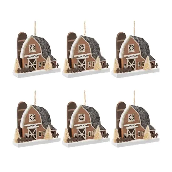 6 Pack 4.5" Glittered Plastic Barn Ornaments {4}