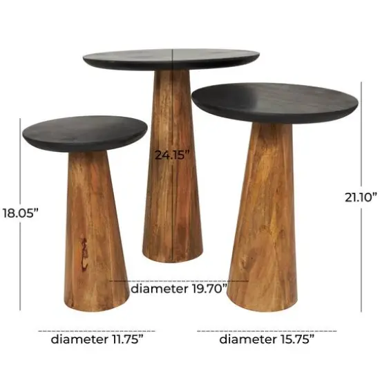 Brown Mango Wood Handmade Cone Shaped Accent Table with Black Tabletop Set {11}