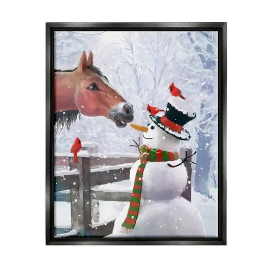 Stupell Industries Horse Eating Snowman Carrot Scene Framed Floater Canvas Wall Art Black {1}