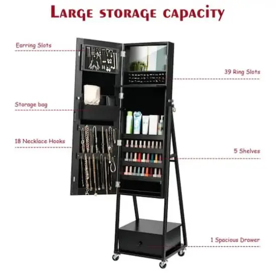 NEX&trade; 5ft. Black Jewelry Armoire on Casters with Chest Drawer {5}