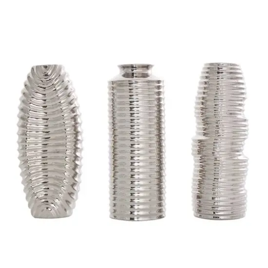 Silver Ceramic Dimensional Ribbed Vase Set {6}