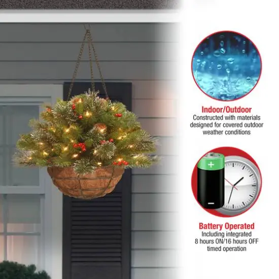 20" Pre-lit Crestwood Spruce Artificial Christmas Chain Hanging Basket with Silver Bristle, Cones, Red Berries, Glitter, Coconut Fiber in Basket with LED Lights {6}