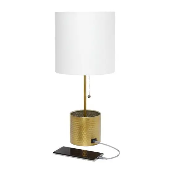 Simple Designs 18.5" Hammered Metal Container Base Table Lamp with USB Charging Port White/Gold {7}