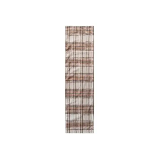 Hello Honey 108" x 14" Cream, Brown & Orange Plaid Woven Cotton Table Runner {1}