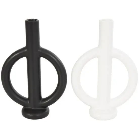 CosmoLiving by Cosmopolitan 10" Black & White Ceramic Geometric Ring Taper Candle Holder Set {12}