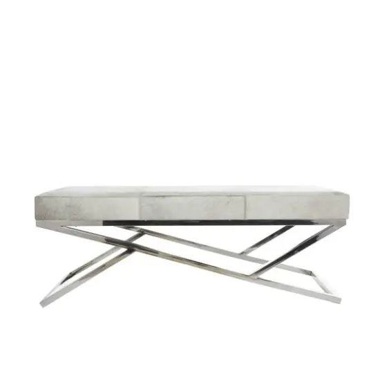 Light Gray Leather Geometric Bench with Angled Silver Metal Base {9}