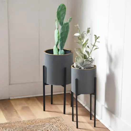 Hello Honey&reg; Charcoal Grey & Black Boho Metal Planters with Gold Rim & Stands Set {6}