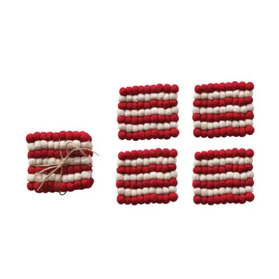 Hello Honey&reg; 4" Cream & Red Handmade Wool Felt Ball Coasters, 4ct. {1}